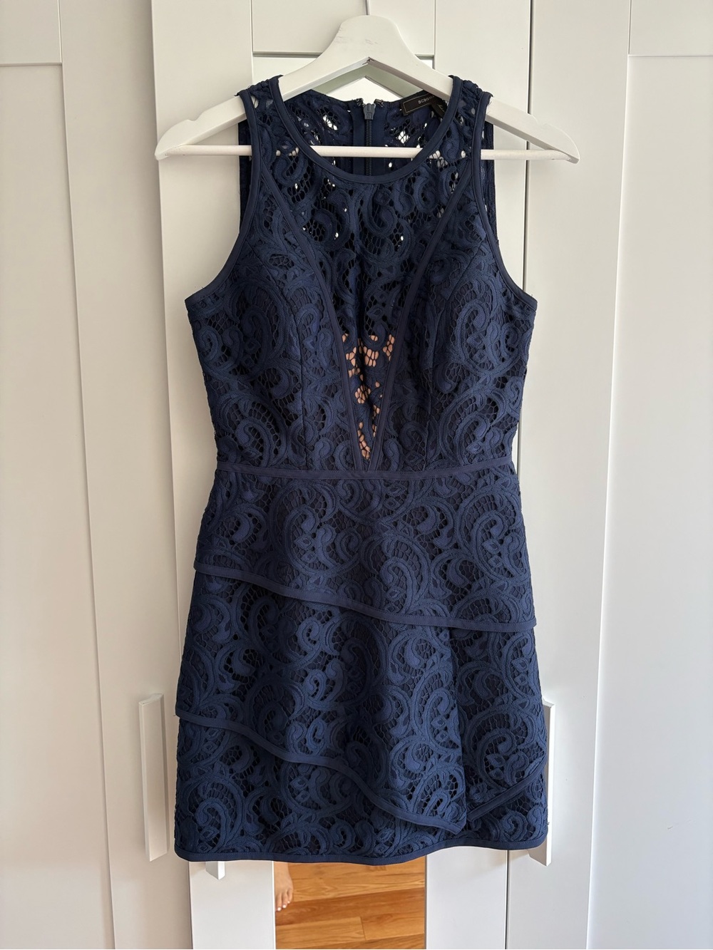 BCBGMaxAzria Navy Lace Tiered Tank Dress